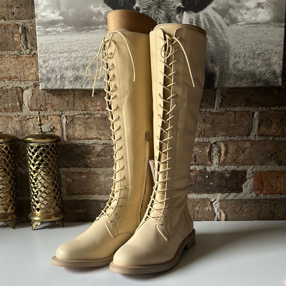 Sam Edelman Lace-Up Knee-High Boots in Beige